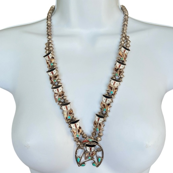 Sterling Silver Zuni Inlay Owl Squash Blossom Necklace Signed PITKIN PW NATEWA - Picture 2 of 12